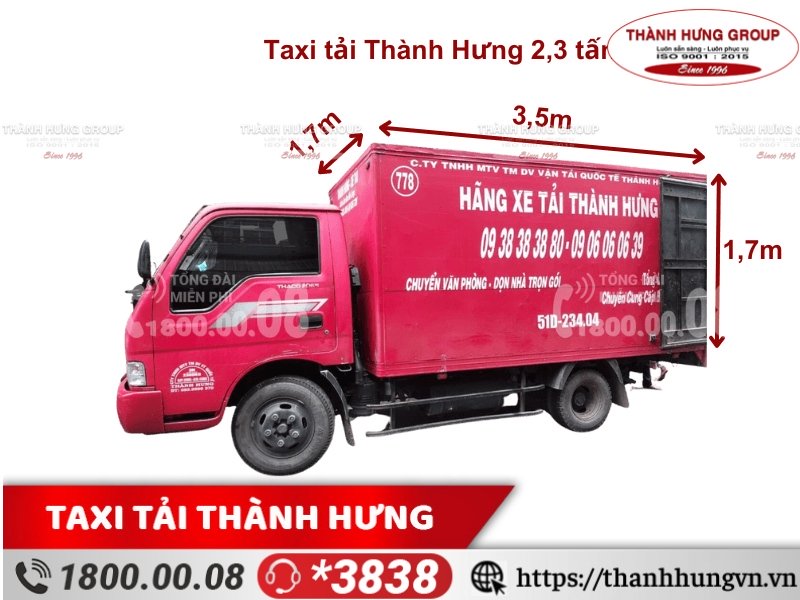 Cho thuê xe tải Thành Hưng ISUZU 2,3 tấn, kích thước: 3,5m x 1,7m x 1,7m, thùng kín