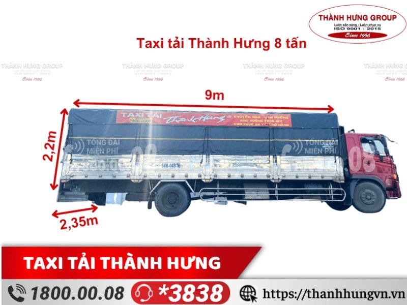 Cho thuê xe tải Thành Hưng HINO 8 tấn, kích thước: 9m x 2,35m x 2,2m, thùng bạt