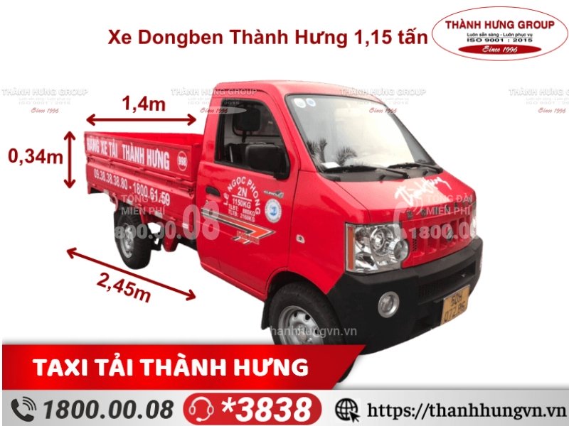 Cho thuê xe tải Thành Hưng DONG BEN 1.15 tấn, kích thước xe: 4,25