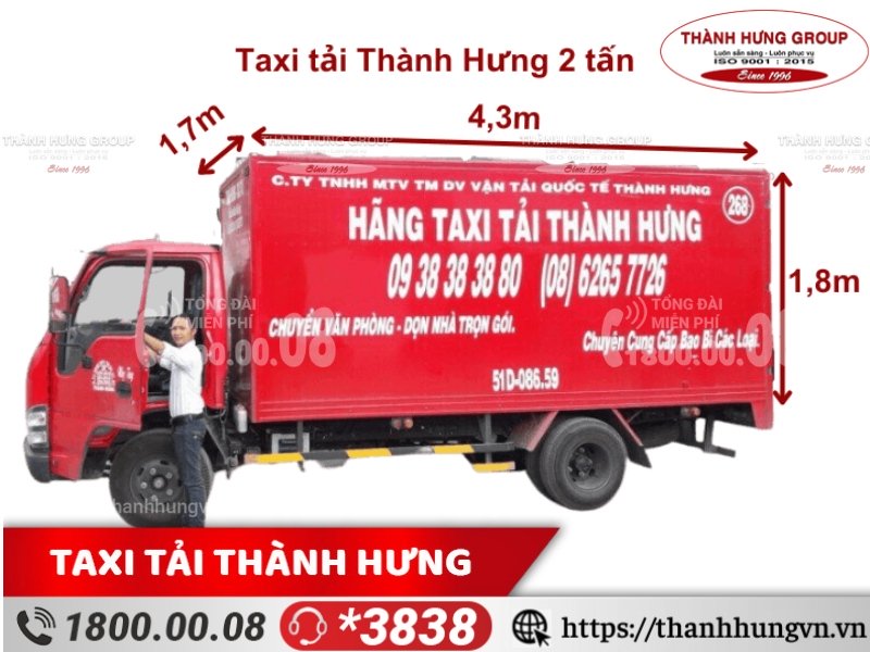 Cho thuê xe tải Thành Hưng ISUZU 2 tấn, kích thước: 4,3m x 1,7m x 1,8m, thùng kín