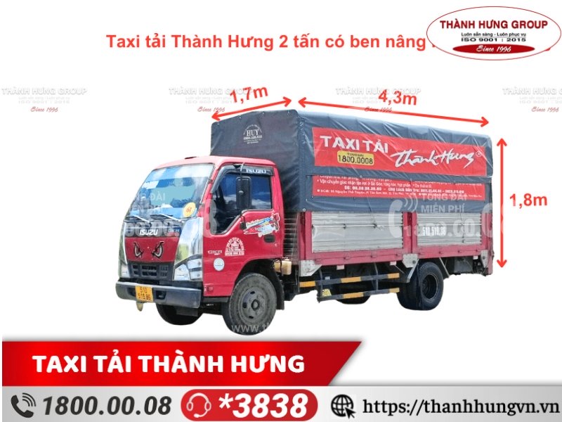 Cho thuê xe tải Thành Hưng ISUZU QKR270 2 tấn, kích thước: 4,3m x 1,7m x 1,8m, thùng bạt