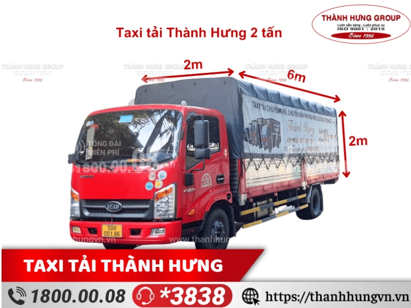 Cho thuê xe tải Thành HưngTERACO 2 tấn, kích thước: 6m x 2m x 2m, thùng bạt