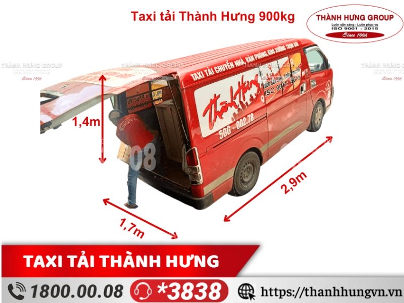 Cho thuê xe tải Thành Hưng TOYOTA HIACE 900kg, kích thước 2,9m x 1,7m x 1,4m, thùng kín