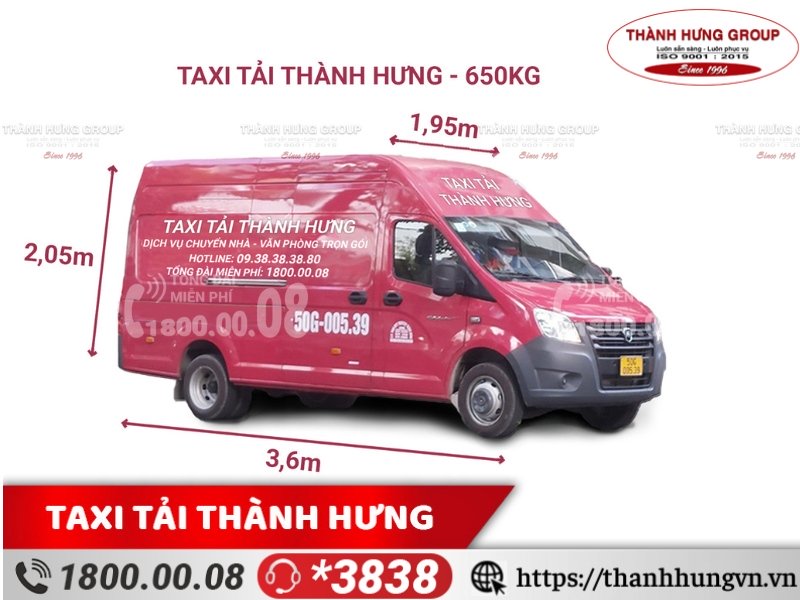 Cho thuê xe tải Thành Hưng VAN GAZ 650kg, kích thước 3,6m x 1,95m x 2,05m, thùng kín