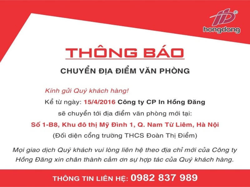 Mẫu thông báo chuyển địa điểm văn phòng số 3